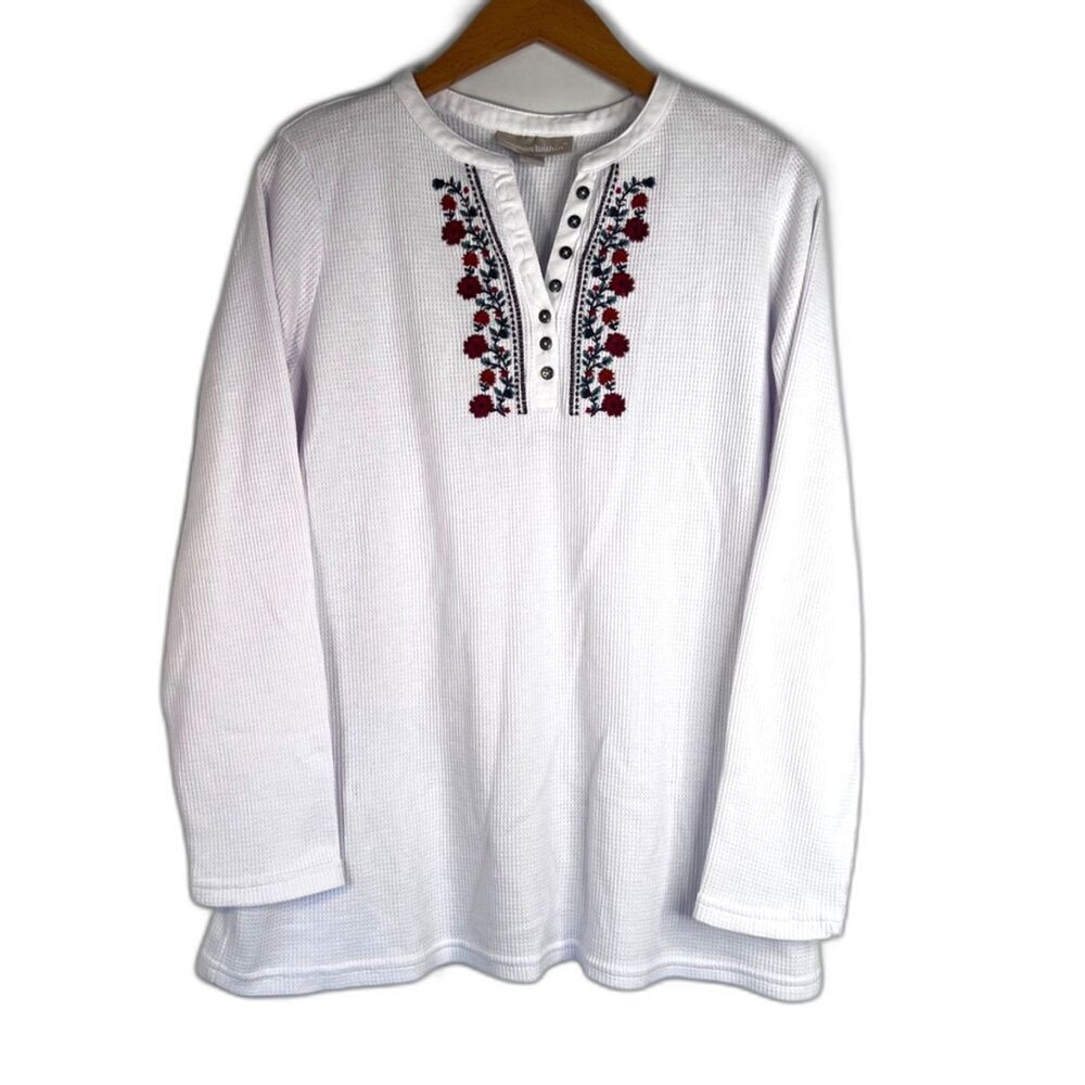 Woman Within White Embroidered Bodice Long Sleeve Thermal Top Size 14/16‎